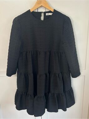 Zara Black Textured Tiered Mini Dress
